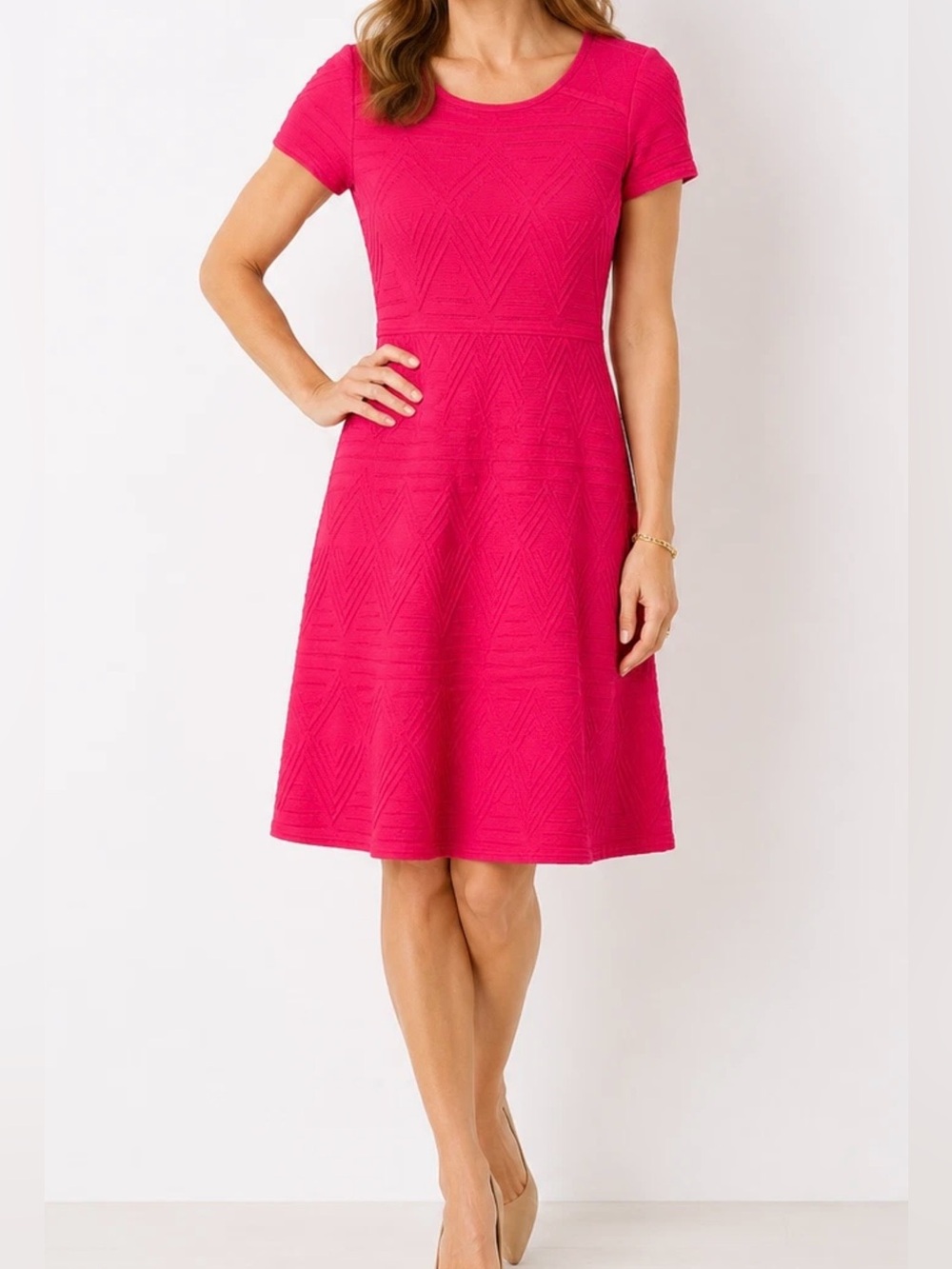 Talbots Fit & Flare Knit Dress Pink Textured Geometric Short Sleeve Women’s Larg